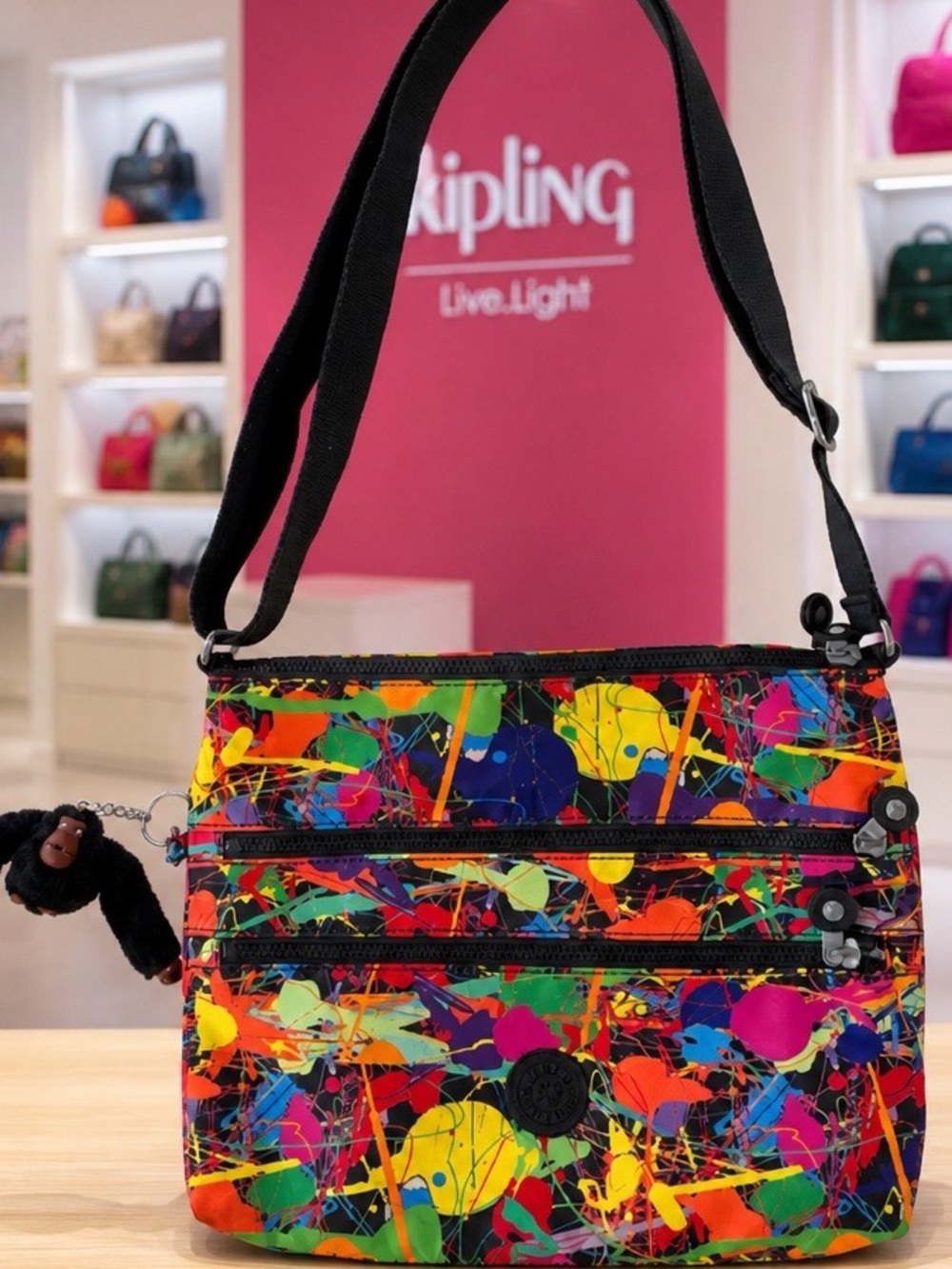 Kipling Multi-Color Splatter Crossbody with Black Strap